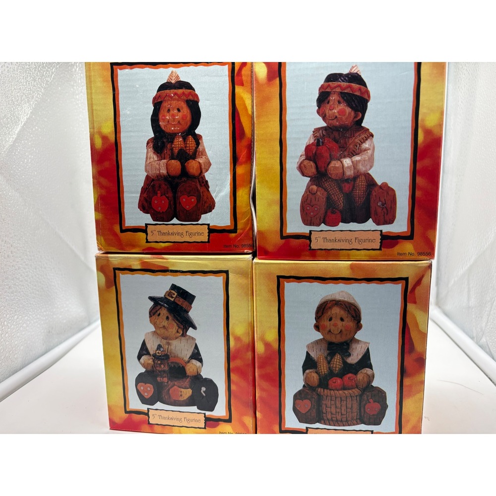 Vintage Three Hands Corp Style Wood Look Thanksgiving Figurines Set of 4 In Box